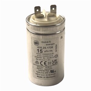 Start kondensator på 15 uF med to 6,2 mm stikben til motor og kompressor.